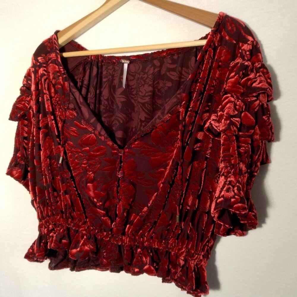 Free People Velveteen Dream Shirt S Red Floral Velour Crop Peasant Ruffle V Neck - Picture 4 of 16